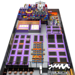 Commercial space-themed trampoline park with foam pit & rocket play structure for family malls & FECs