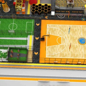 Commercial sports adventure park with basketball courts, soccer field & obstacle course for malls & youth centers