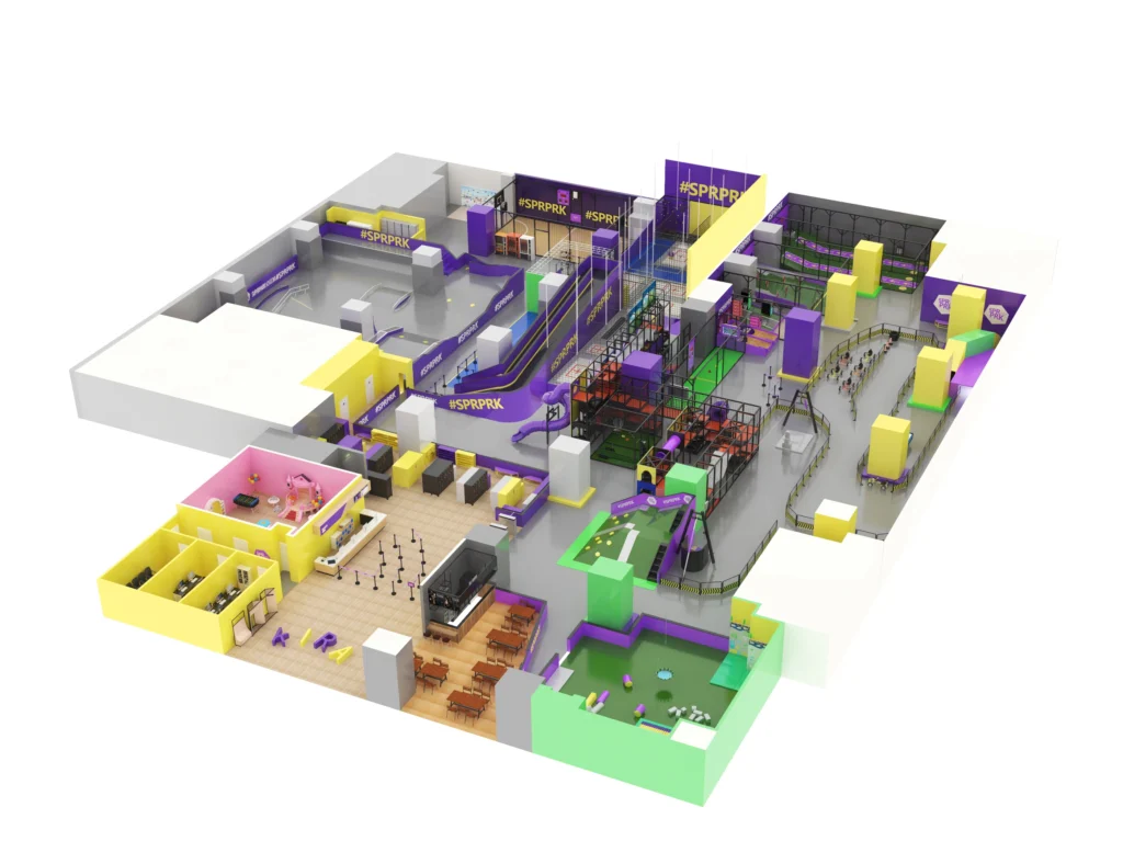 Commercial #SPRPRK-themed super trampoline park with obstacle course, foam pit & party rooms for malls & FECs