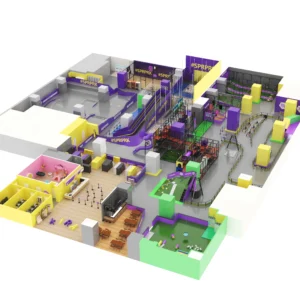 Commercial #SPRPRK-themed super trampoline park with obstacle course, foam pit & party rooms for malls & FECs