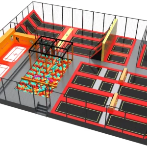 Commercial standard trampoline park with red/black trampolines, foam pit & basketball courts for kids & teens