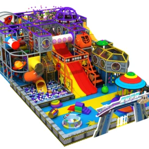 Commercial star-themed multi-level indoor soft play with slides, ball pit, rocket decor for kids FECs