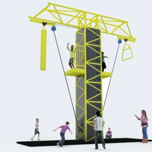 Commercial T-truss ninja tower with dual zip lines, punching bag, and climbing platforms for indoor FECs