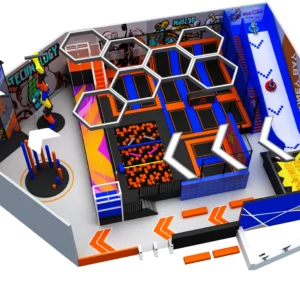 Commercial tech/trampoline park with graffiti art, interactive slides, foam pit & climbing walls for malls & sports clubs