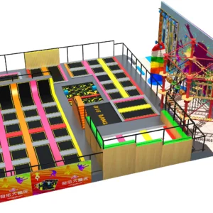 Commercial vibrant trampoline park with rope course, foam pit & neon colors for malls & youth centers