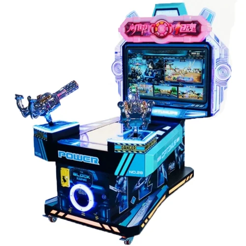 Kuliku Mech Gunner kids shooting arcade game with multi-scene gameplay, reward cards, and prize wheel, size 49.6" × 37.8" × 65.0"