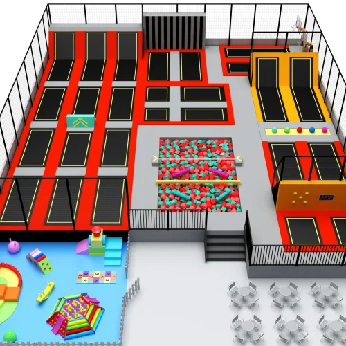 Commercial large trampoline park with toddler soft play, foam pit & seating area for family malls & FECs
