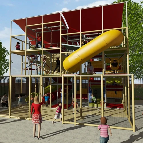 Side view of commercial outdoor shaded adventure play with swing seats for kids activity centers